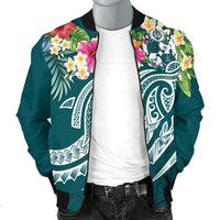 Tonga Polynesian Men's Bomber Jacket - Summer Plumeria (Turquoise) - Polynesian Pride