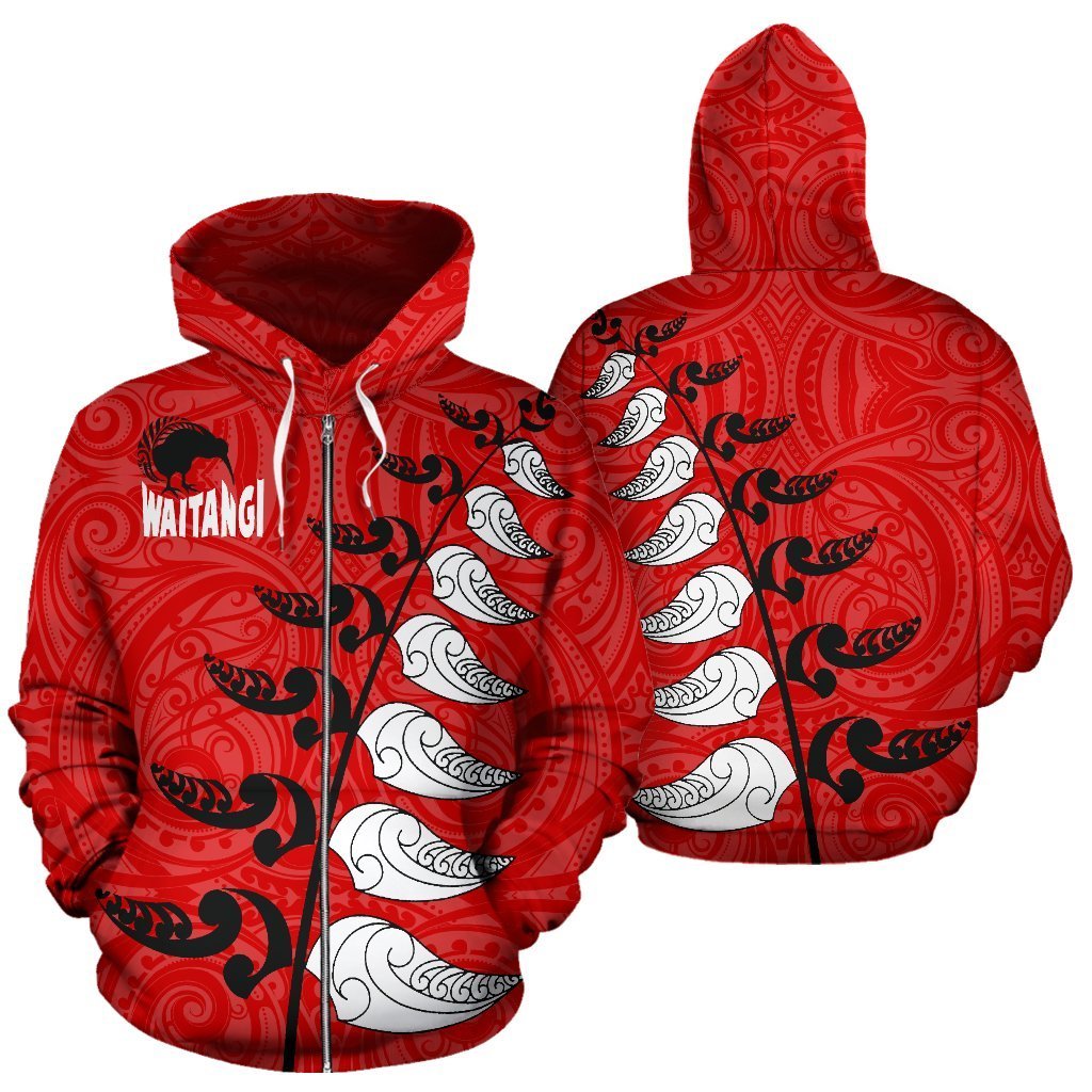 New Zealand Waitangi Day Hoodie, Maori Silver Fern Zip up Hoodie, Red Style - Polynesian Pride