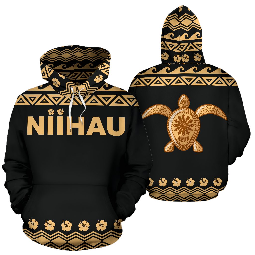 Niihau All Over Hoodie Polynesian Turtle Hoodie Unisex Black - Polynesian Pride