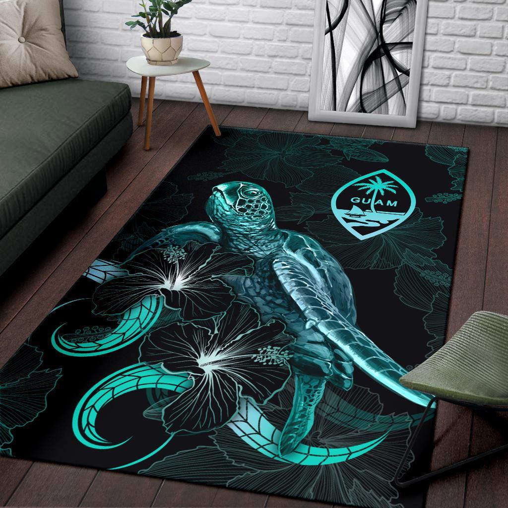 Guam Polynesian Area Rugs - Turtle With Blooming Hibiscus Turquoise - Polynesian Pride