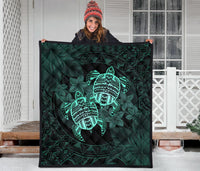 Hawaii Premium Quilt - Turtle Strong Pattern Hibiscus Plumeria Turquoise AH - Polynesian Pride