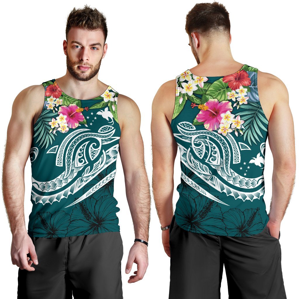 Papua New Guinea Polynesian Men's Tank Top - Summer Plumeria (Turquoise) - Polynesian Pride