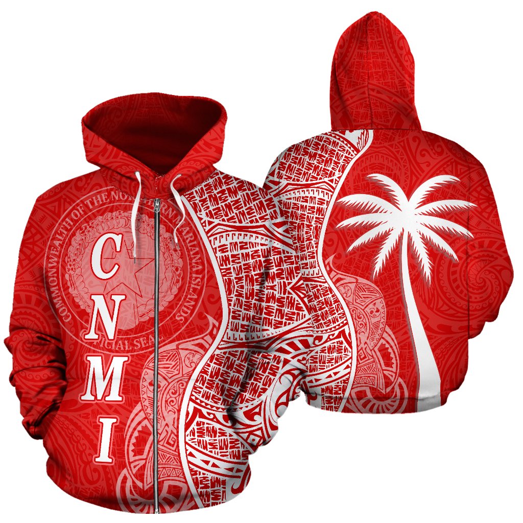 Northern Mariana Islands Polynesian Zip up Hoodie Coconut Tree Red and White Unisex Red - Polynesian Pride