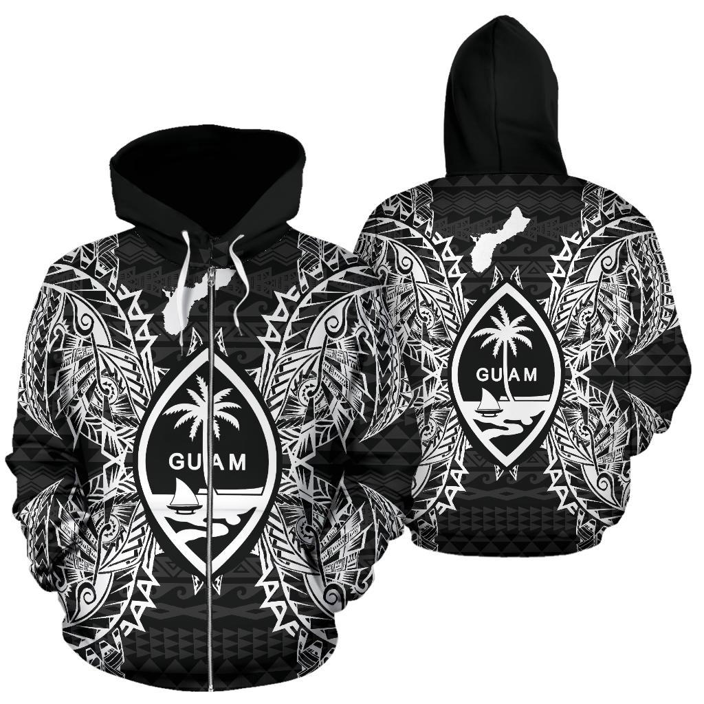 Guam Polynesian All Over Zip up Hoodie Map Black Unisex Black - Polynesian Pride