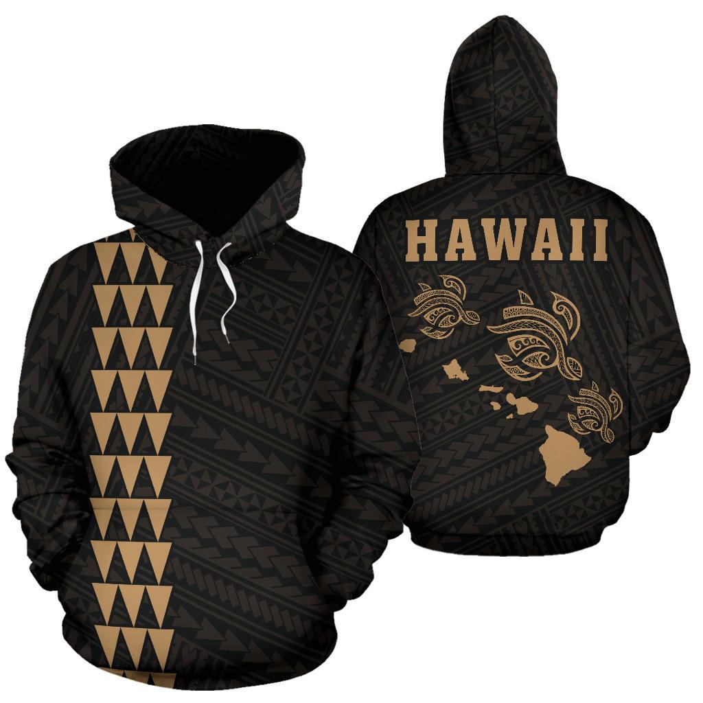 Polynesian Kakau Three Turtle Map of Hawaii Hoodie Gold Unisex Gold - Polynesian Pride