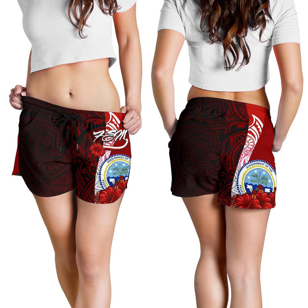 Federated States Of Micronesia Women's Shorts - Coat Of Arm With Hibiscus Women Red - Polynesian Pride