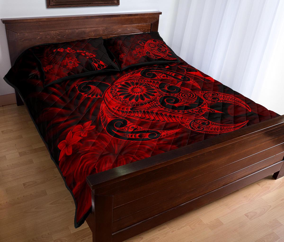 Hawaii Turtle Map Hibiscus Polynesian Red Quilt Bed Set - Polynesian Pride