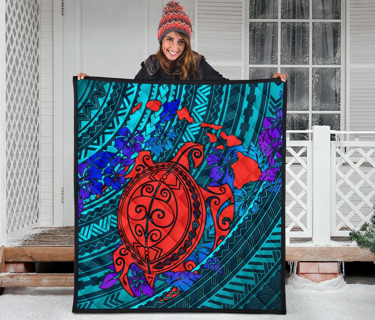 Hawaii Polynesian Premium Quilt - Hawaii Red Turtle Map & Purple Hibiscus - Polynesian Pride