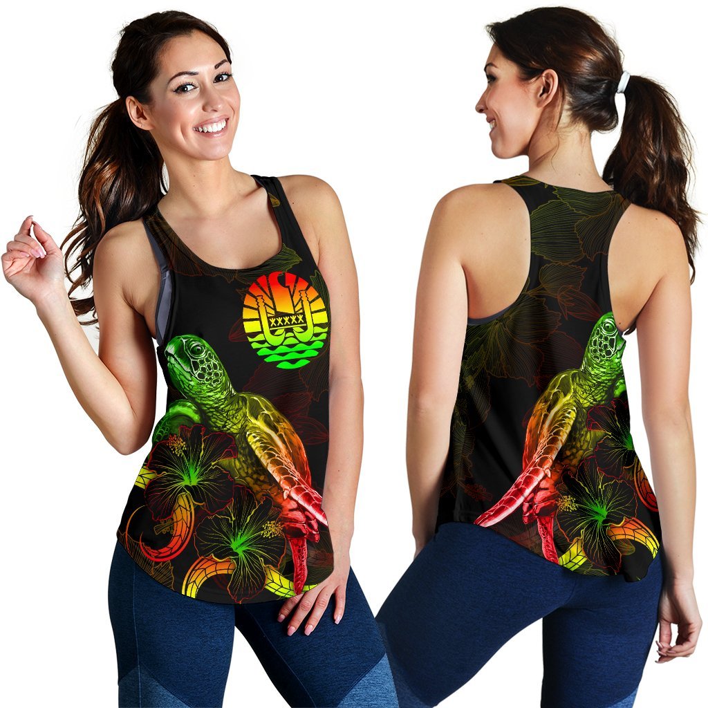 Tahiti Polynesian Women Tank Top - Turtle With Blooming Hibiscus Reggae - Polynesian Pride