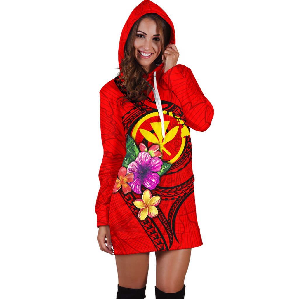 Hawaii Polynesian Women's Hoodie Dress - Floral With Seal Red - Polynesian Pride