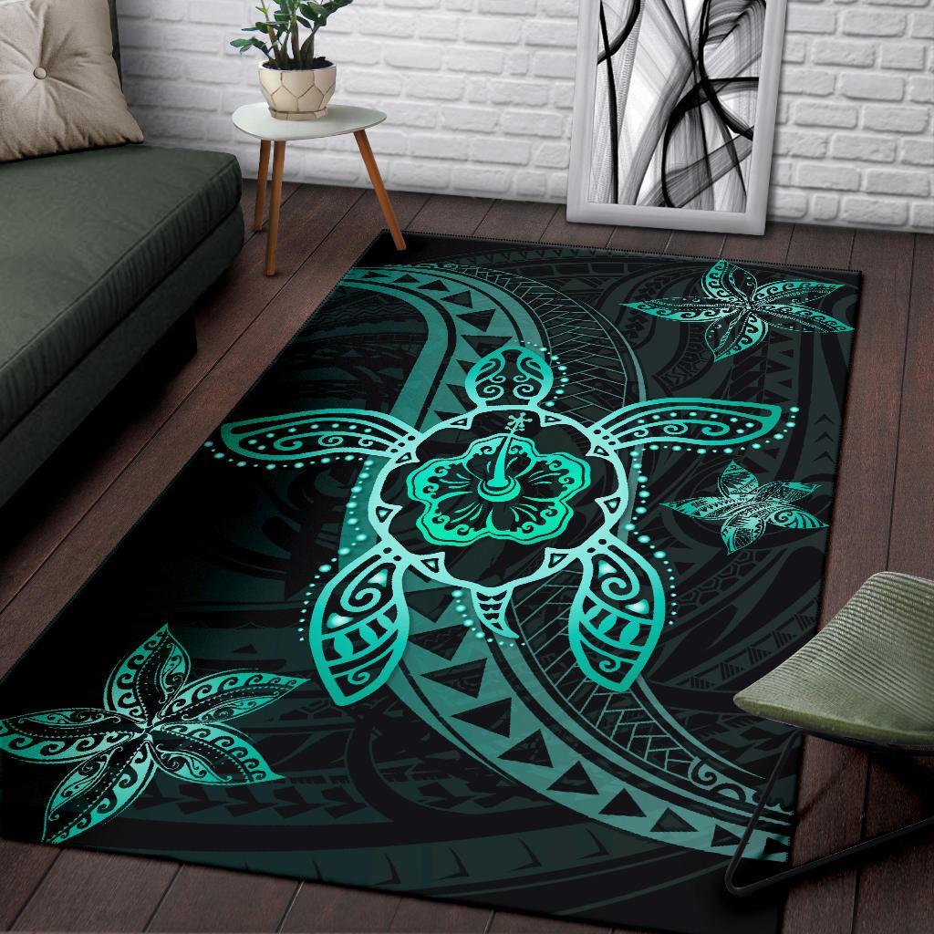 Kanaka Map Hibiscus Plumeria Turtle Art Polynesian Area Rug Turquoise AH - Polynesian Pride