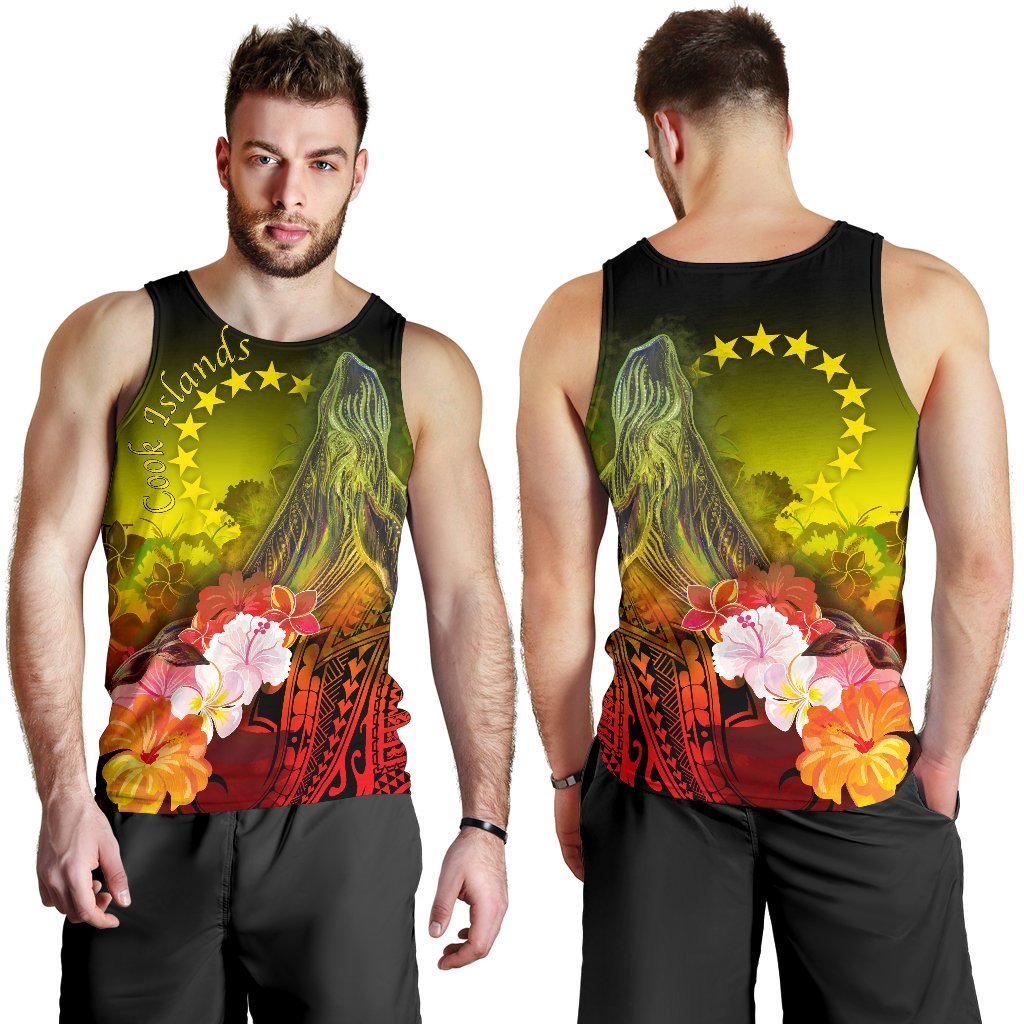 Cook Islands Men's Tank Top - Humpback Whale with Tropical Flowers (Yellow) - Polynesian Pride