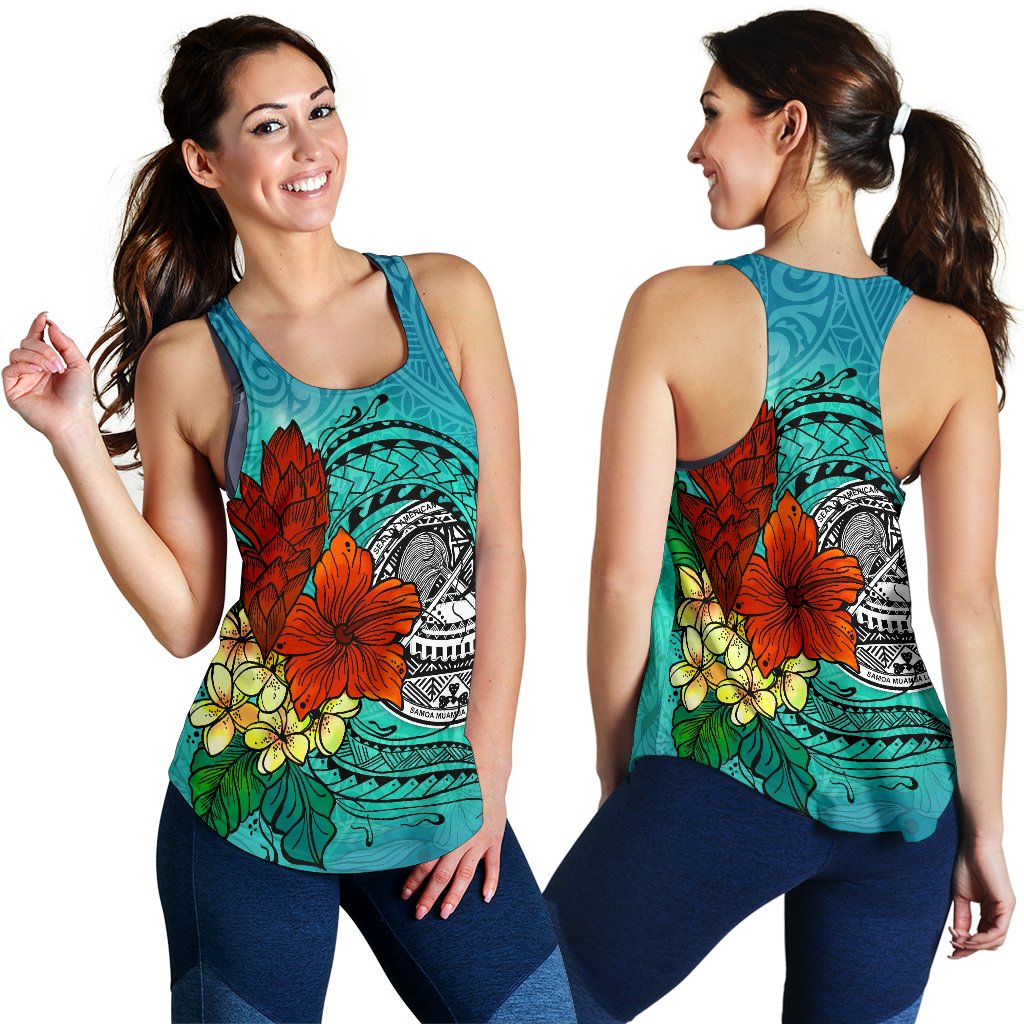 American Samoa Women's Racerback Tank - Tropical Flowers Style Blue - Polynesian Pride