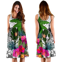 New Caledonia Midi Dress White - Turtle Plumeria Banana Leaf Crest - Polynesian Pride