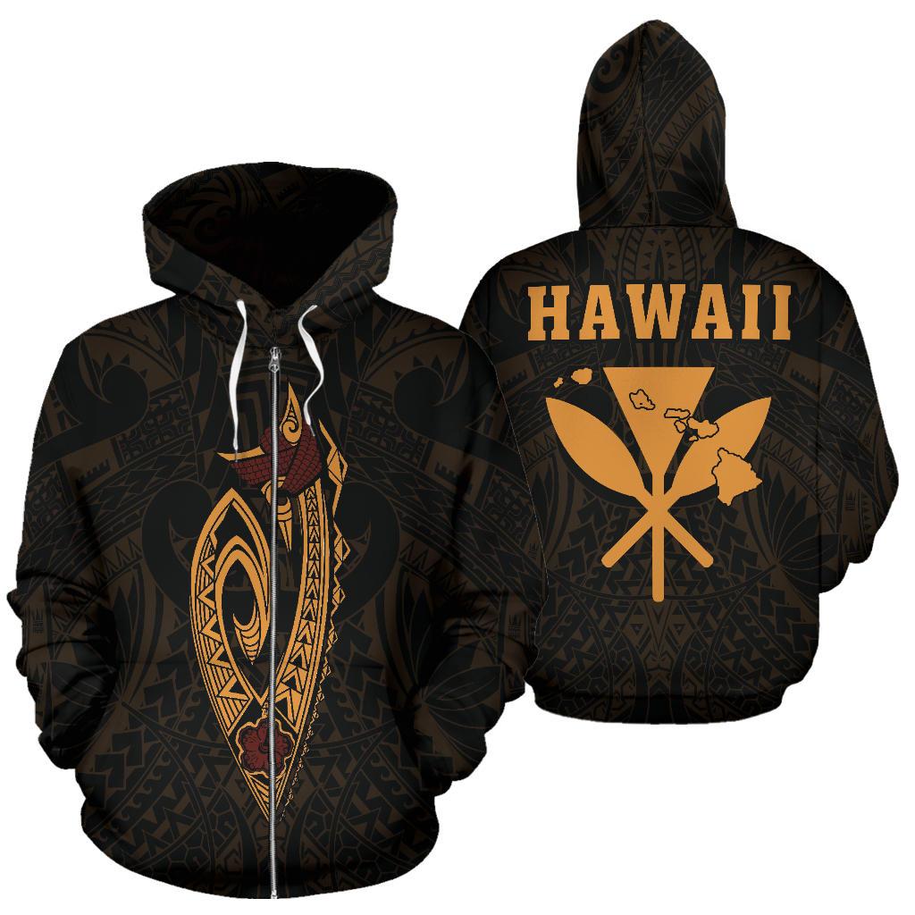 Polynesian Fish Hook Kanaka Map of Hawaii Zip Hoodie Unisex Gold - Polynesian Pride