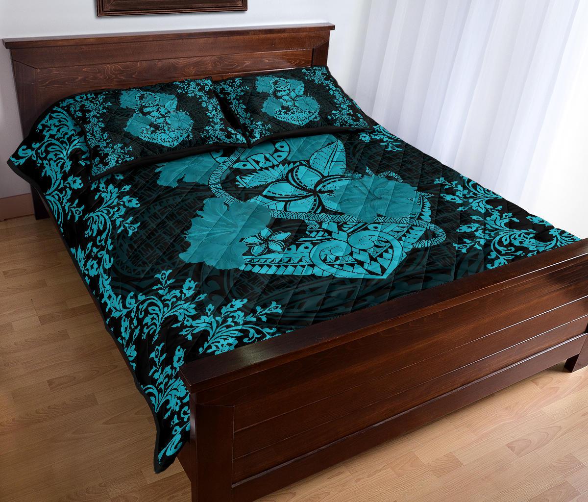 Hawaii Anchor Hibiscus Flower Vintage Quilt Bed Set - AH - Blue - Polynesian Pride