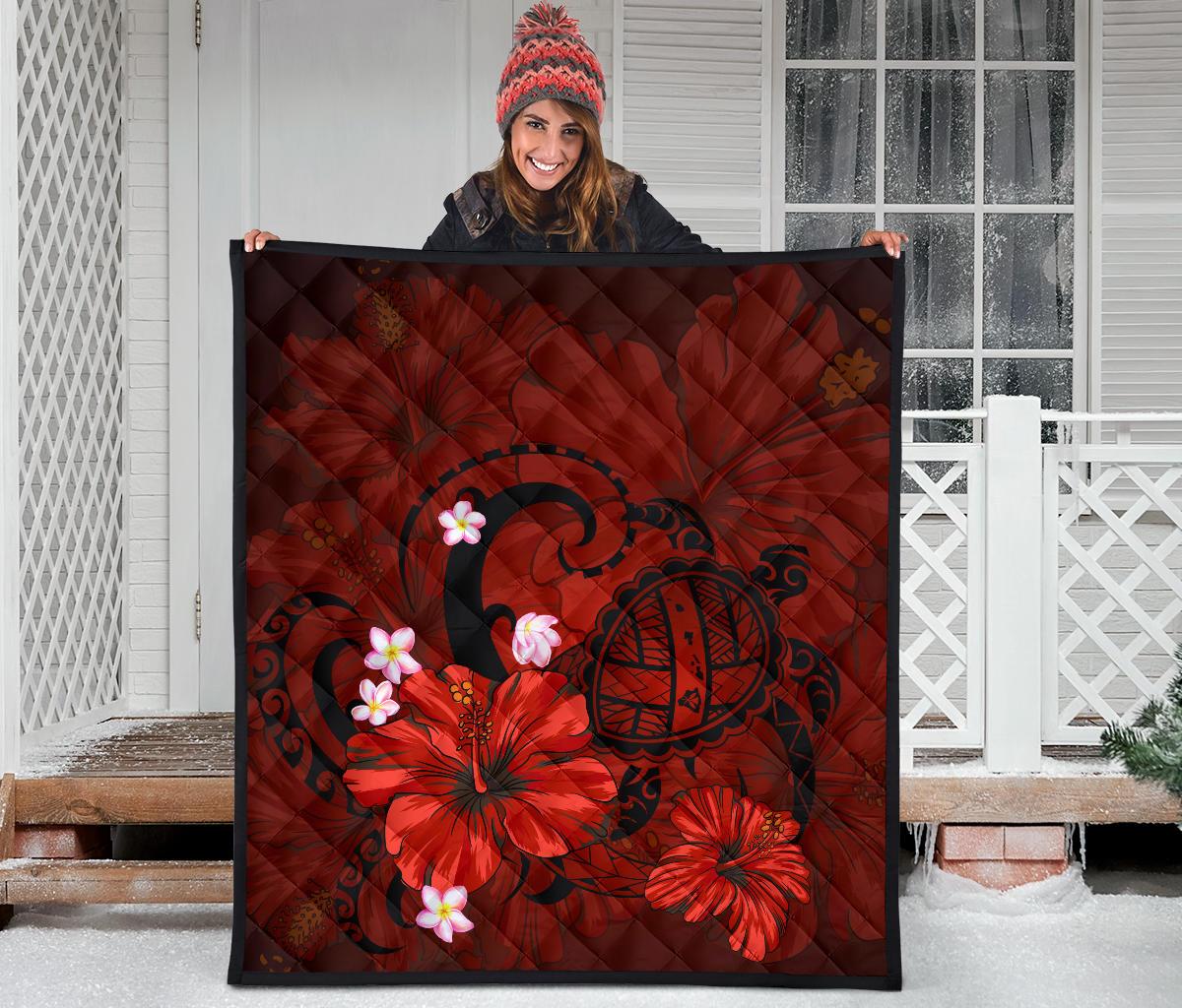 Hawaii Turtle Poly Tribal Red Premium Quilt - Polynesian Pride