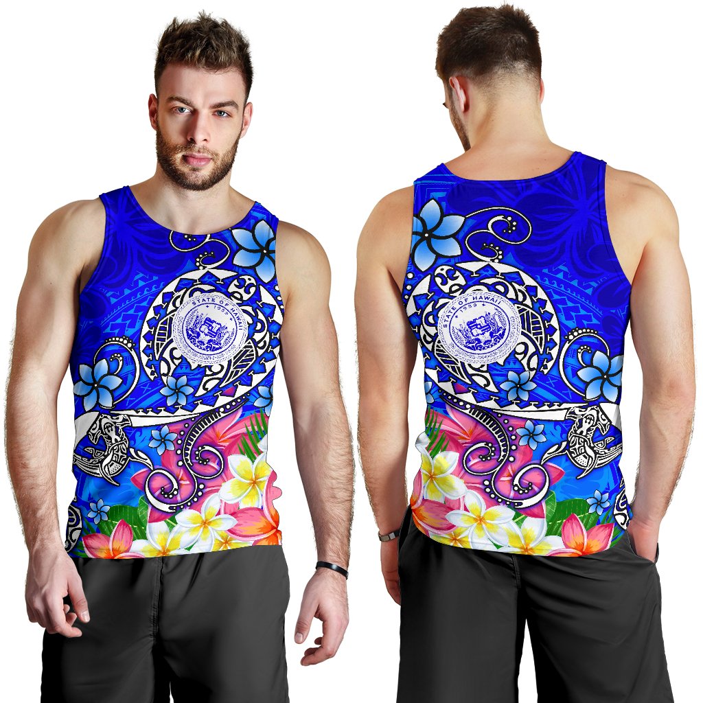 Hawaii Polynesian Men's Tank Top - Hawaii Seal With Turtle Plumeria (Blue) Blue - Polynesian Pride