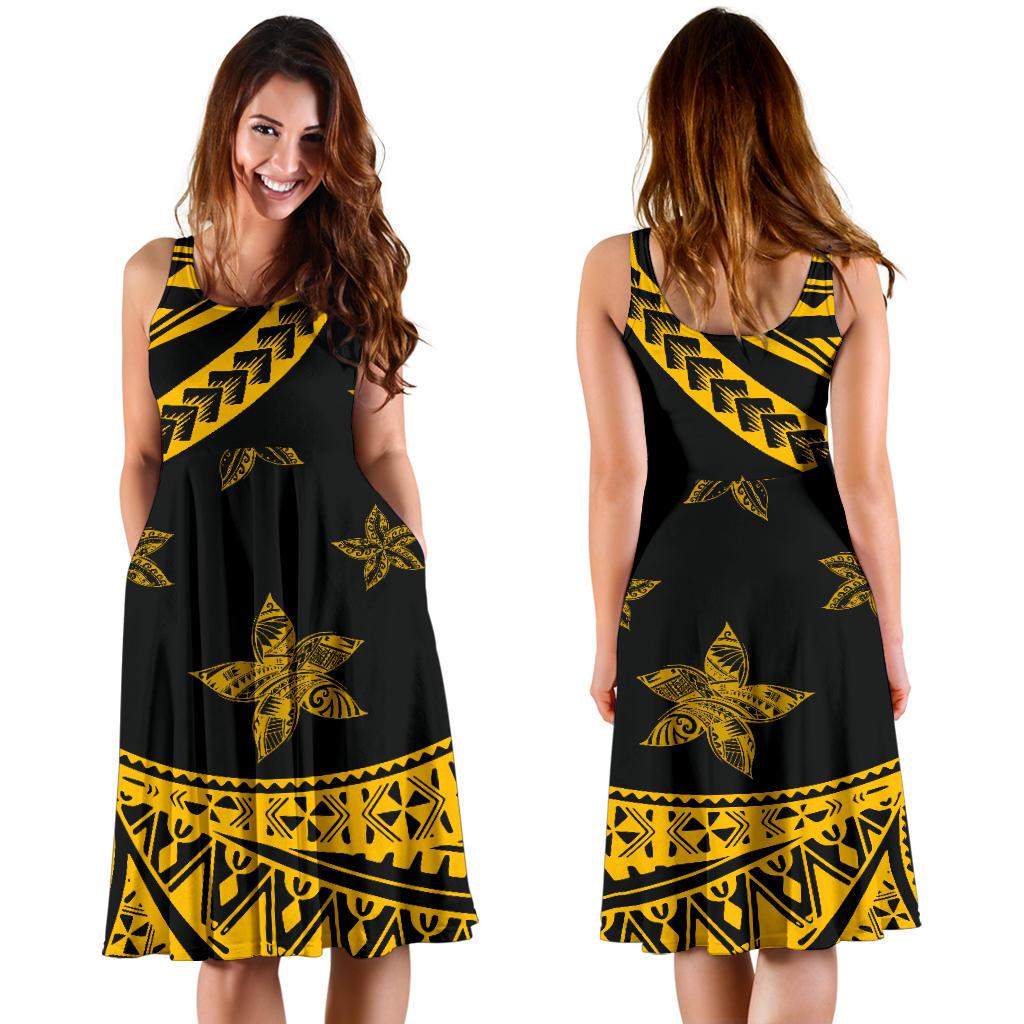 Plumeria Flowers Polynesian Women's Dress - Gold Black Color - Polynesian Pride