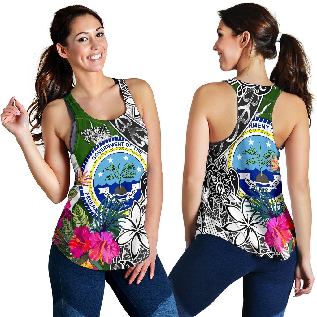 Federated States of Micronesia Women's Racerback Tank White - Turtle Plumeria Banana Leaf - Polynesian Pride