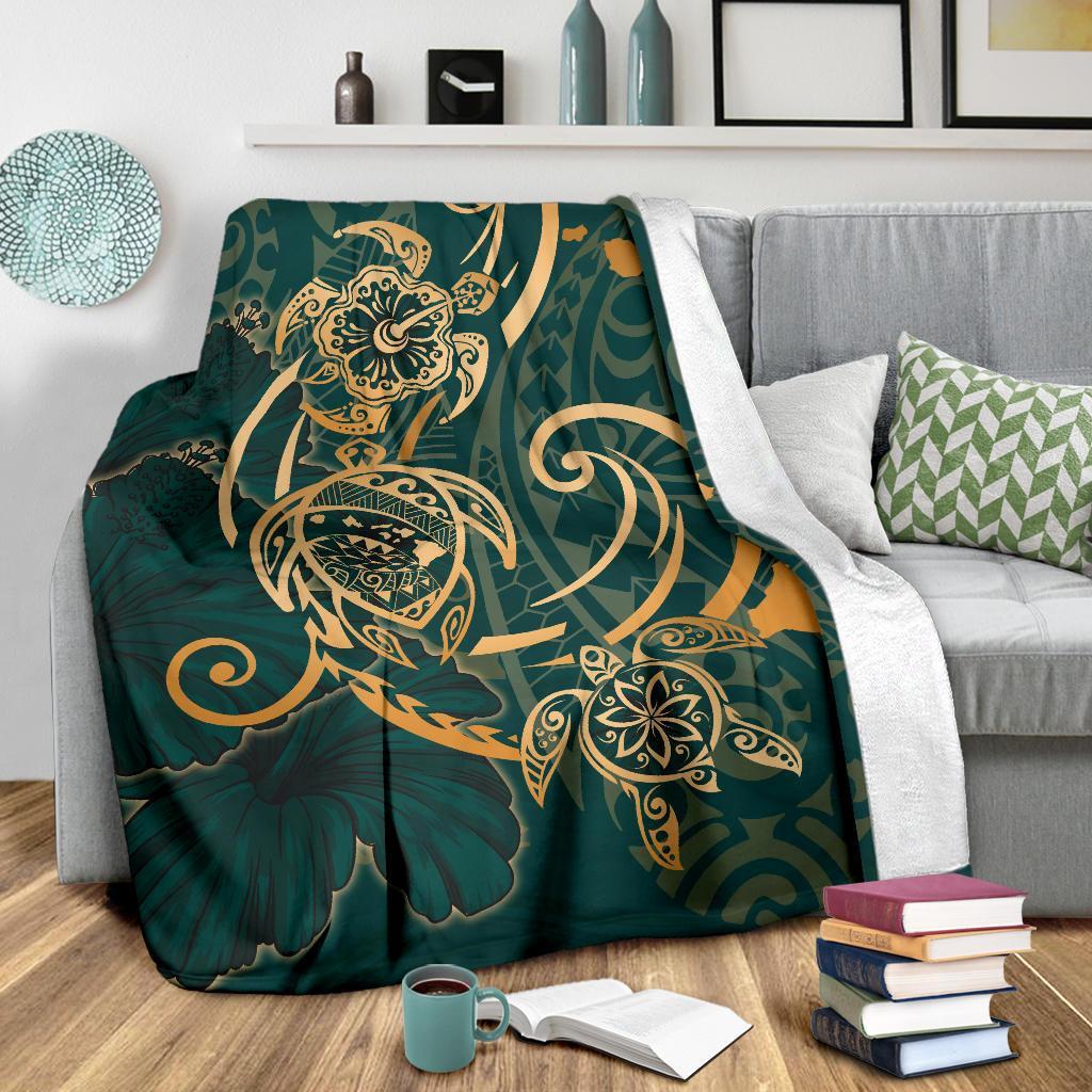Hawaii Triple Marble Turtle Polynesian Hibiscus Premium Blanket - AH - Benjamin Style - Green - Polynesian Pride