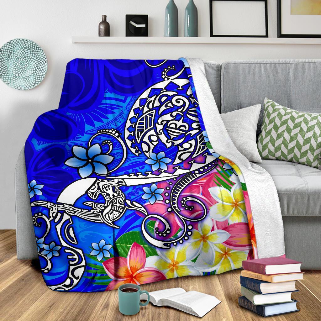 Polynesian Premium Blanket - Turtle Plumeria Blue Color - Polynesian Pride