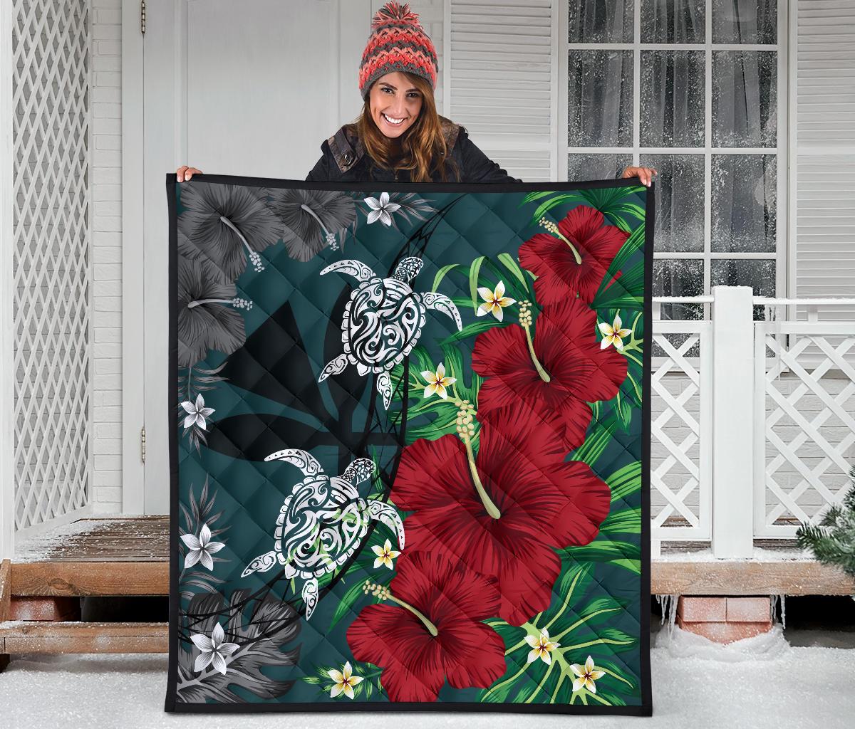 Hawaii Map Turtle Hibiscus Plumeria Polynesian - Premium Quilt AH - Polynesian Pride