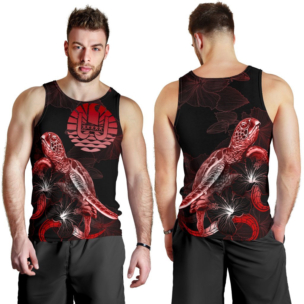 Tahiti Men Tank Top - Turtle With Blooming Hibiscus Red - Polynesian Pride