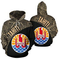 Tahiti Zip up Hoodie Tahiti Flag Polynesia Tattoo Gold Unisex Black - Polynesian Pride