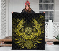 Hawaii Owl Hibiscus Plumeria Premium Quilt - Yellow - Polynesian Pride