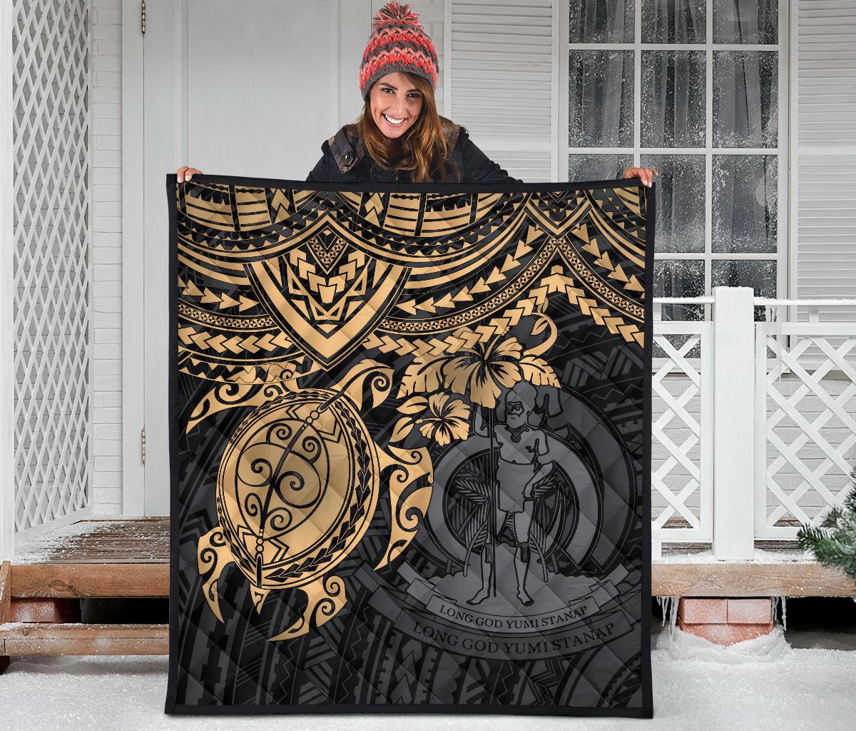 Vanuatu Polynesian Premium Quilt - Vanuatu Coat Of Arms & Gold Turtle Hibiscus - Polynesian Pride