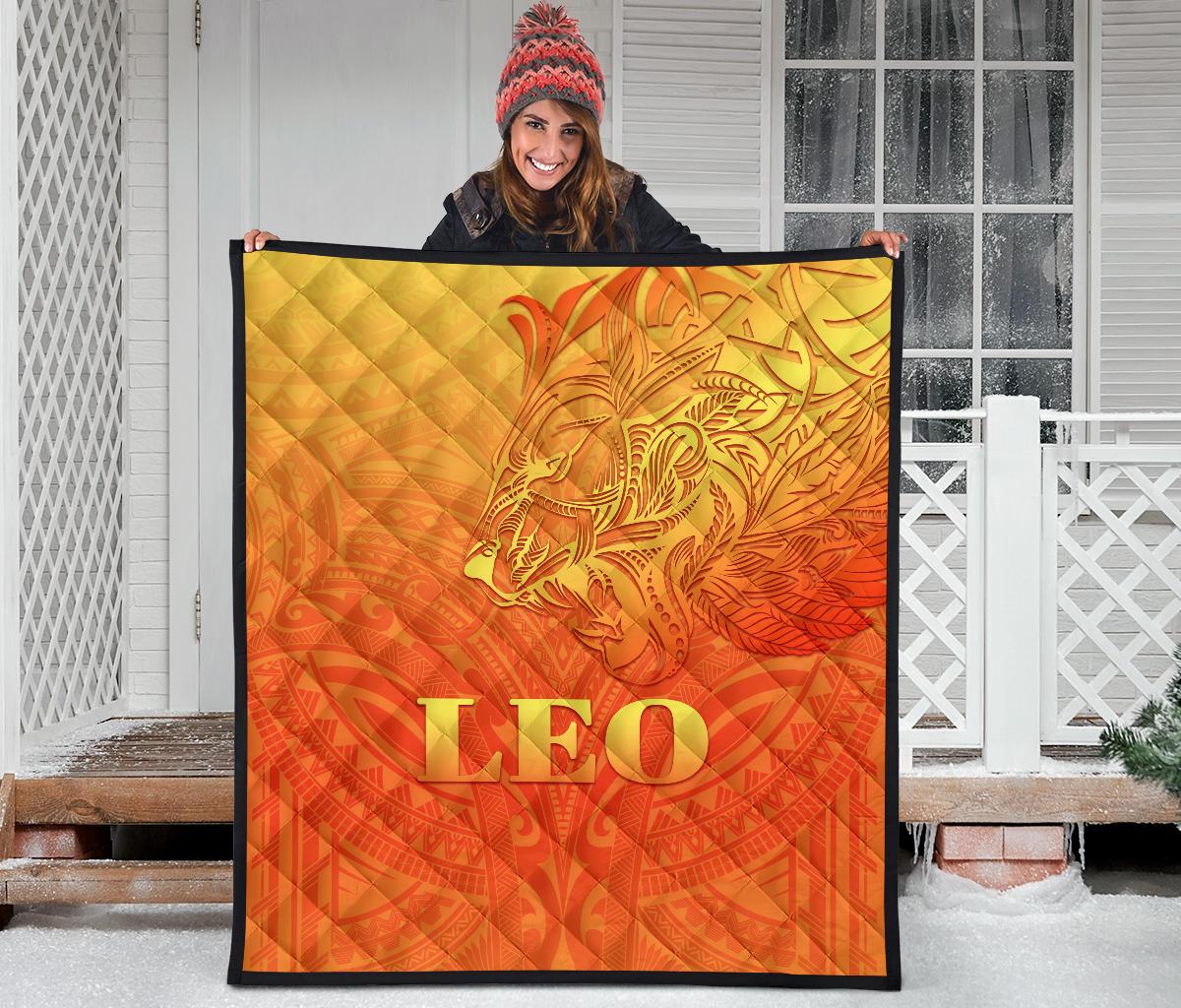 Sun In Leo Zodiac Premium Quilt Polynesian Tattoo Simple - Orange - Polynesian Pride