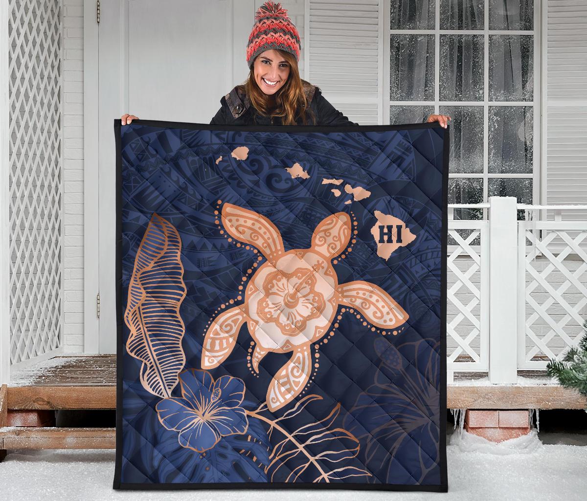 Hawaii Kakau Polynesian Turtle Map Premium Quilt - Indigo Ver 1 - Polynesian Pride