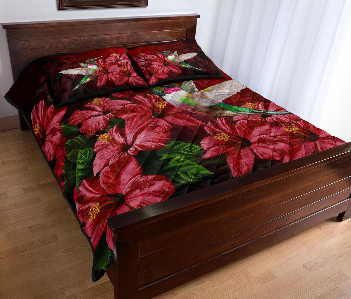 Hawaii Red Hibiscus Humming Bird Quilt Bed Set - Polynesian Pride