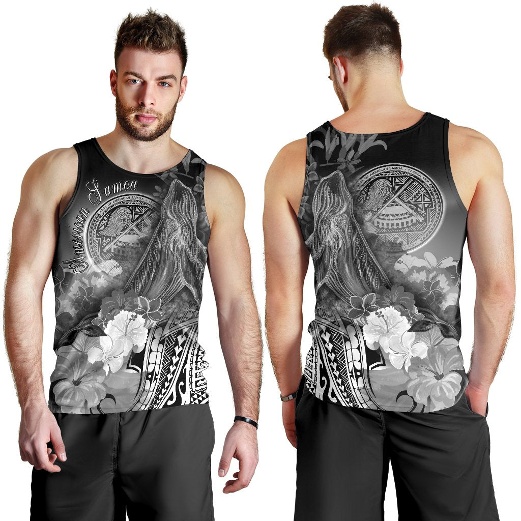 American Samoa Polynesian Men's Tank Top - Humpback Whale with Tropical Flowers (White) - Polynesian Pride