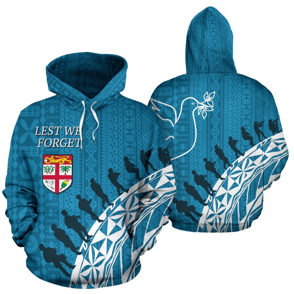 Fiji Tapa Hoodie Fiji Flag ANZAC Lest We Forget Unisex Blue - Polynesian Pride