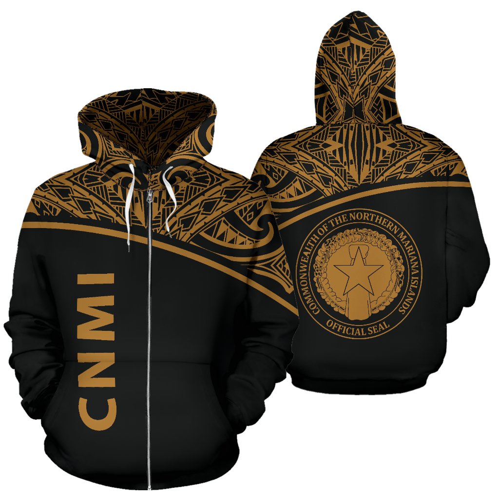 Northern Mariana Islands Polynesian All Over Zip up Hoodie Gold Curve Version Unisex Black - Gold - Polynesian Pride