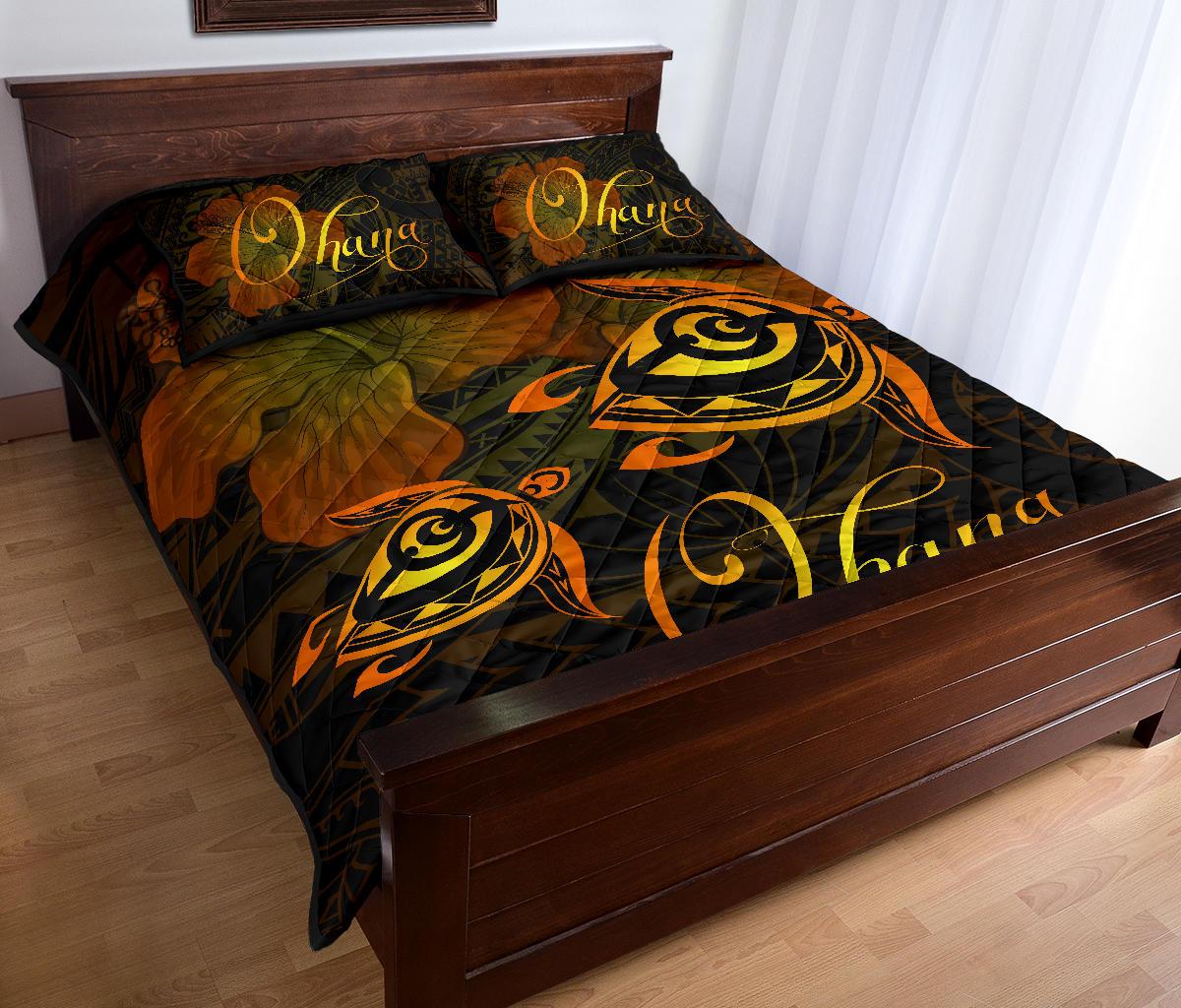 Hawaii Turtle Ohana Hibiscus Poly Quilt Bed Set Yellow - Polynesian Pride