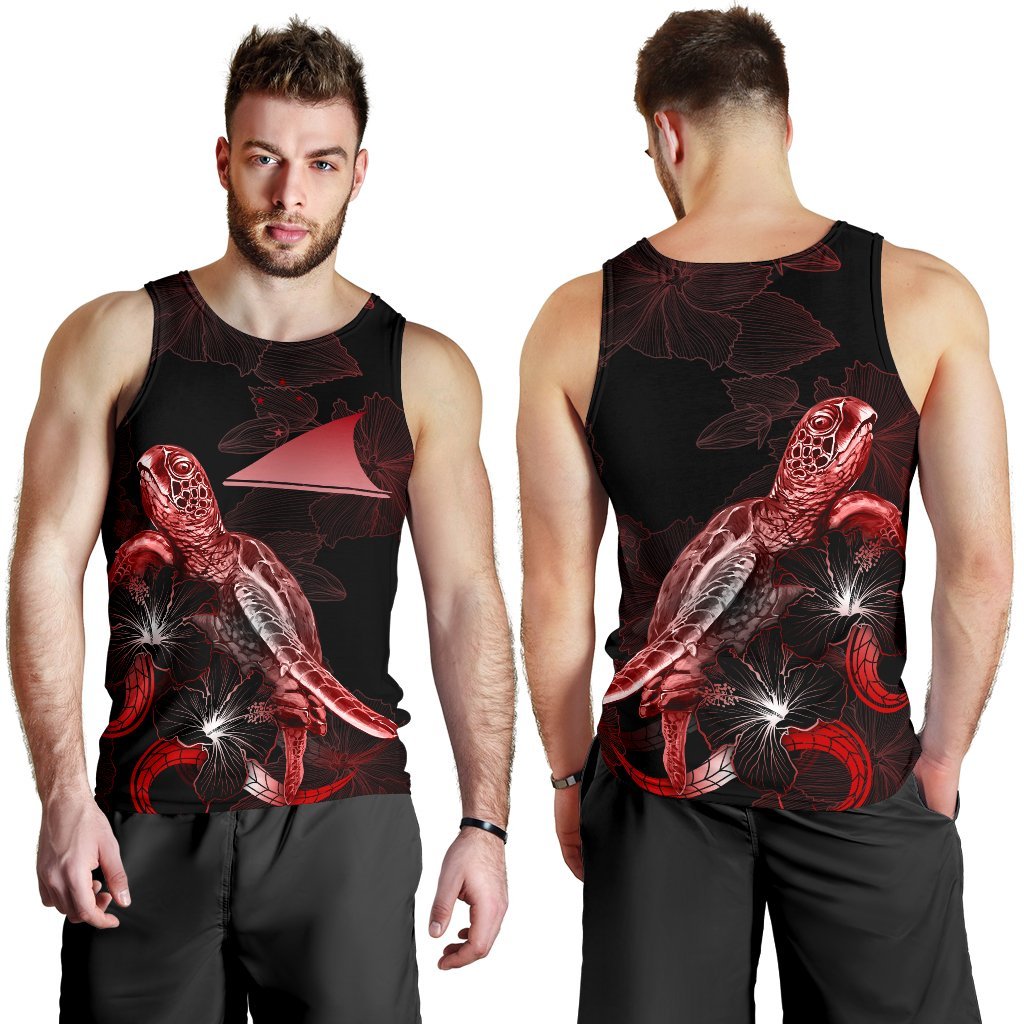 Tokelau Men Tank Top - Turtle With Blooming Hibiscus Red - Polynesian Pride