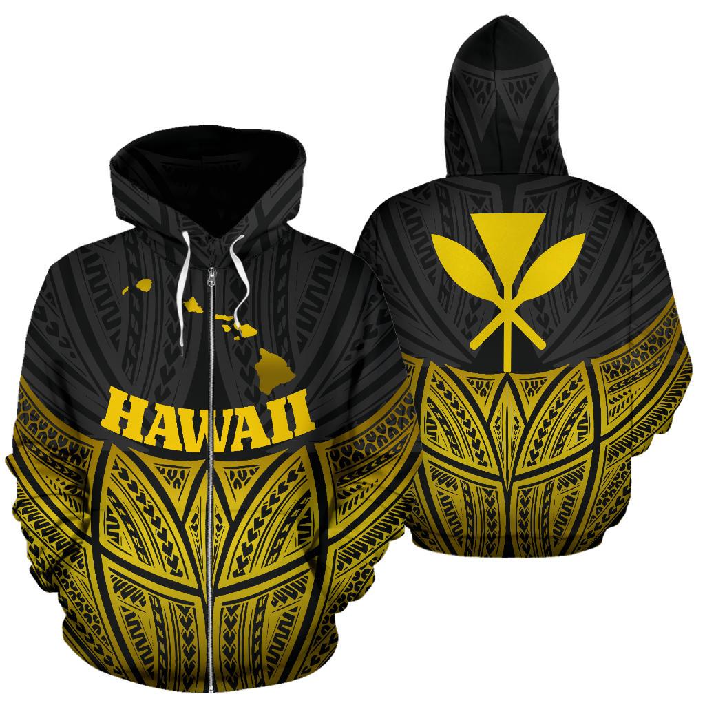 Hawaii Polynesian Zip up Hoodie Gold Pride Map and Seal Unisex Gold - Polynesian Pride