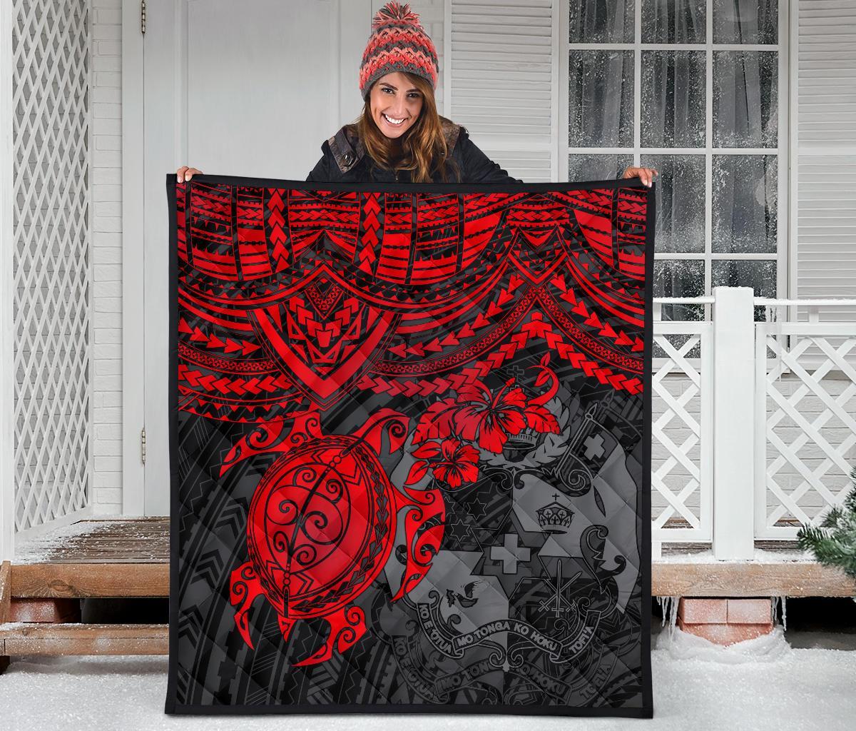 Tonga Polynesian Premium Quilts - Tonga Coat Of Arms & Red Turtle Hibiscus - Polynesian Pride