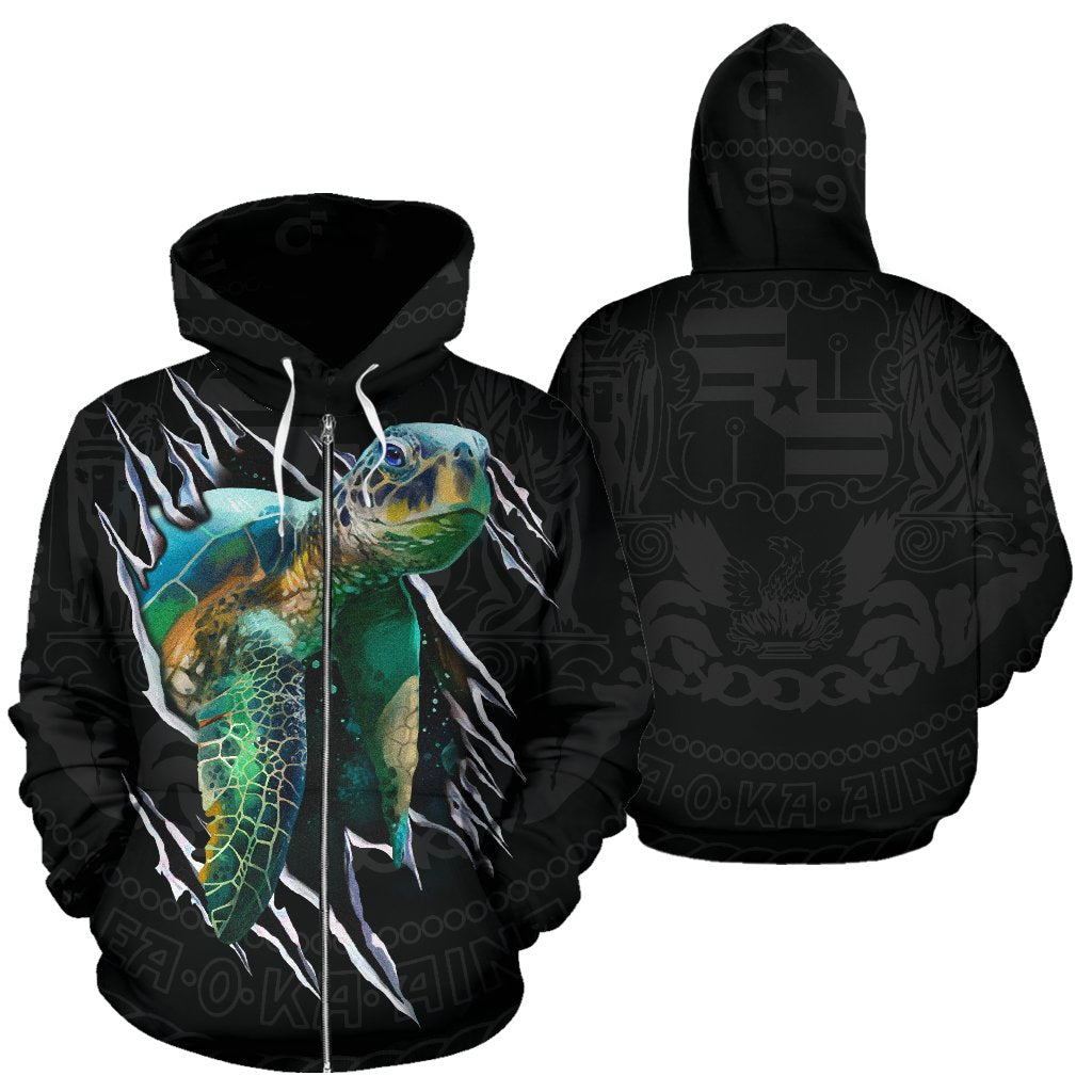 Hawaii Turtle Scratch All Over Zip up Hoodie Unisex Black - Polynesian Pride