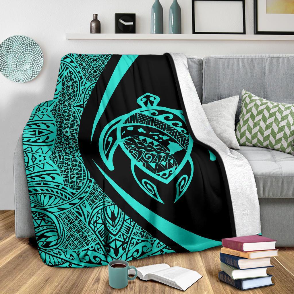 Hawaii Turtle Map Polynesian Premium Blanket - Turquoise - Circle Style - Polynesian Pride