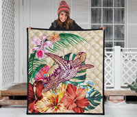 Hawaii Tropical Hibiscus Plumeria Turtle Beige Premium Quilt - Polynesian Pride