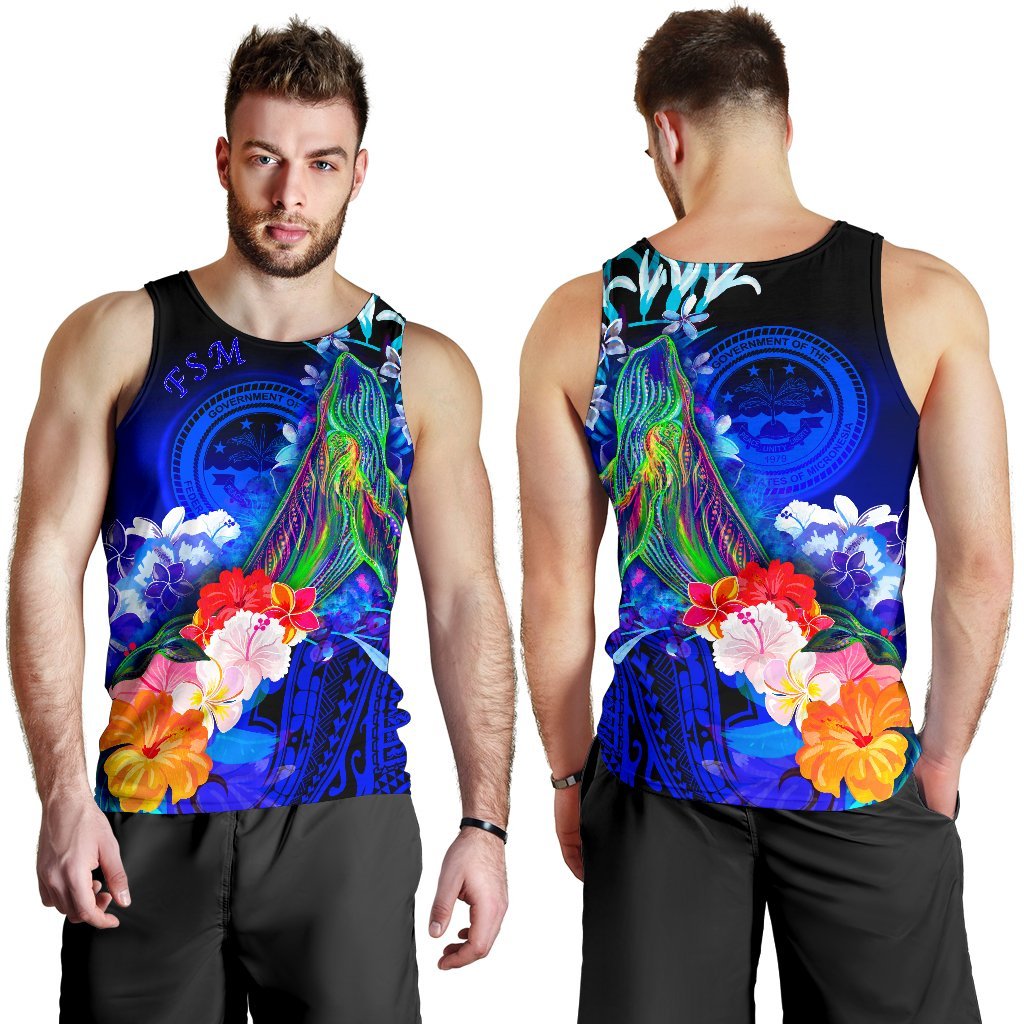 Federated States of Micronesia Men's Tank Top - Humpback Whale with Tropical Flowers (Blue) - Polynesian Pride