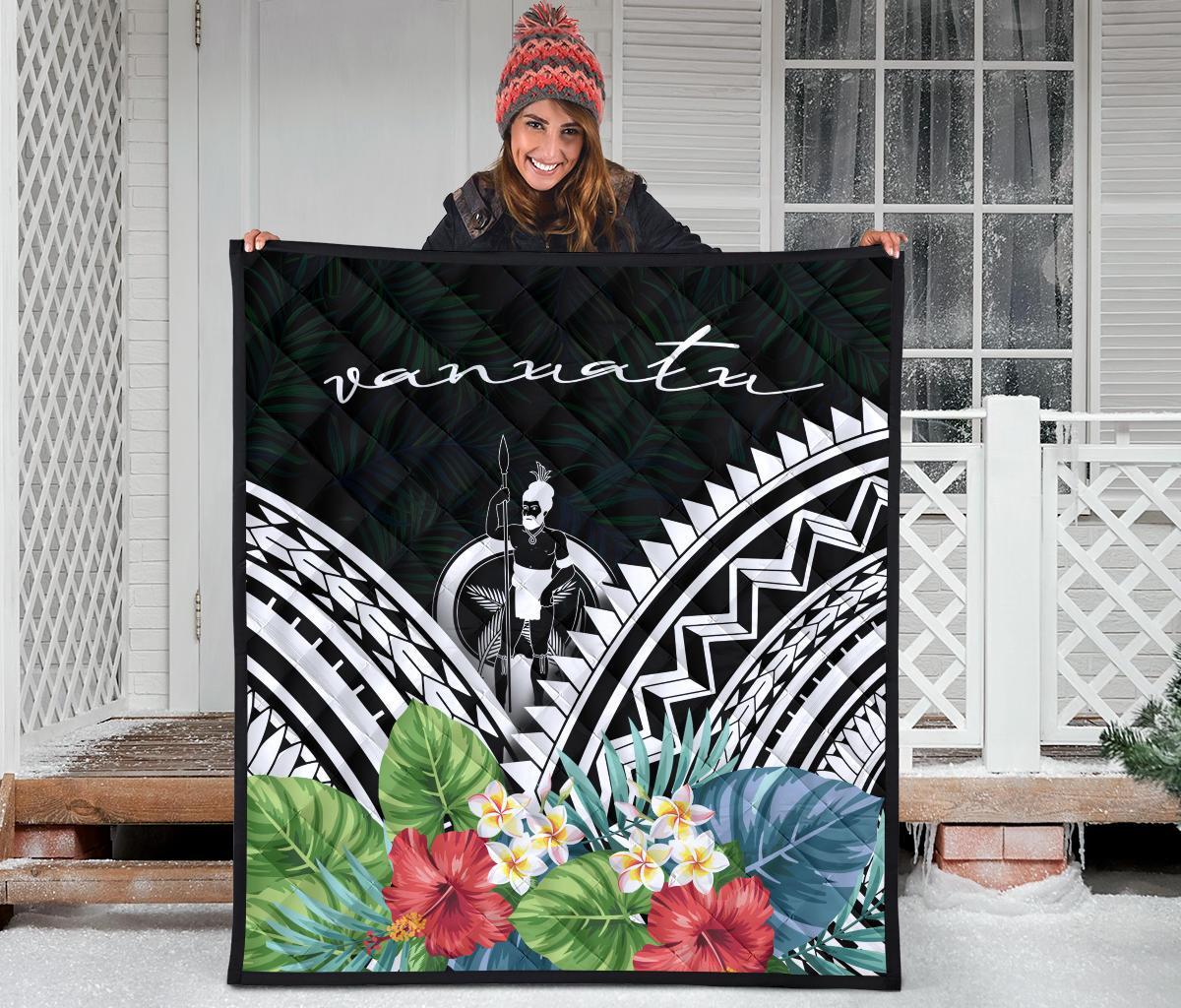 Vanuatu Premium Quilt - Vanuatu Coat of Arms & Polynesian Tropical Flowers White - Polynesian Pride