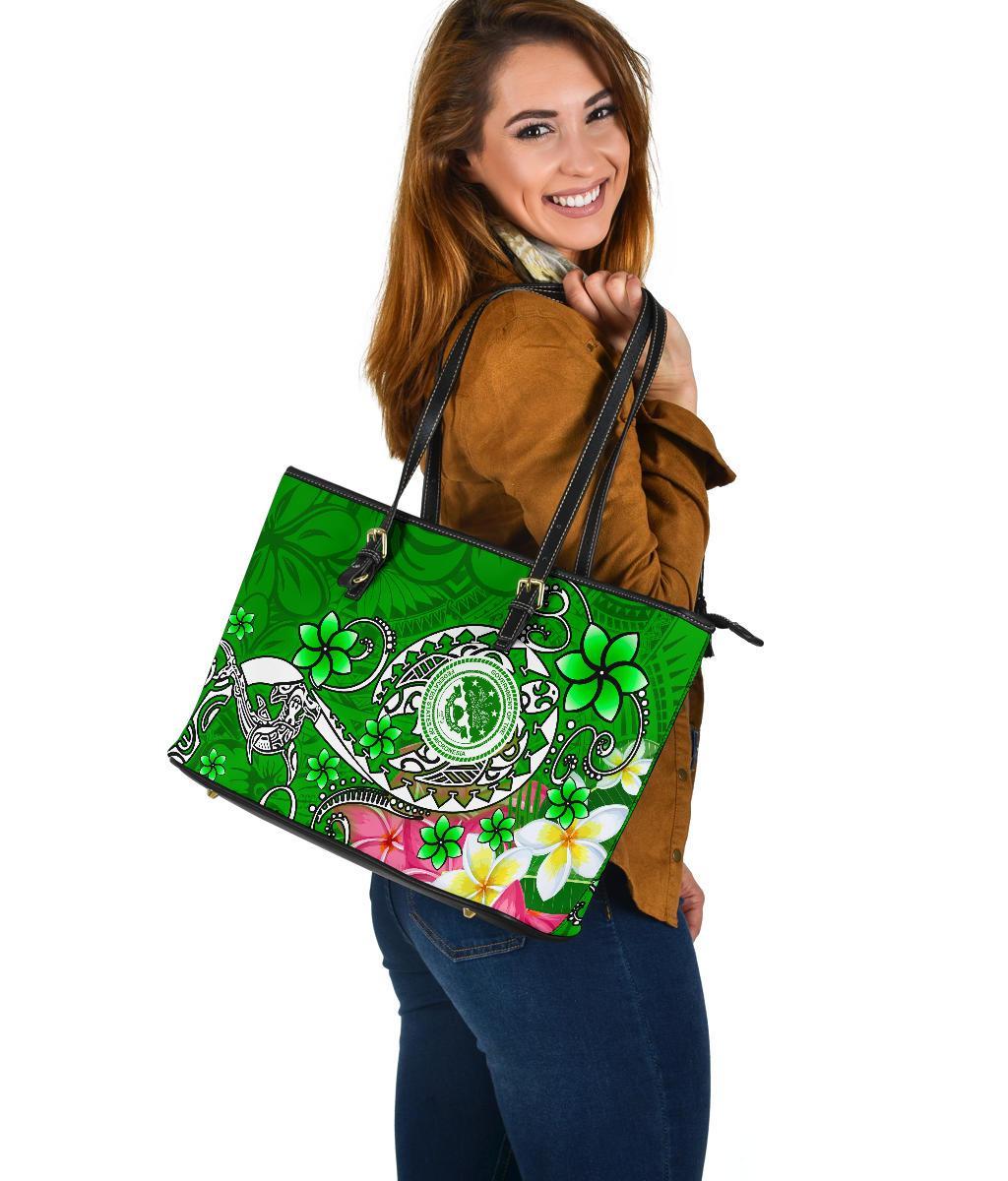 FSM Large Leather Tote Bag - Turtle Plumeria (Green) - Polynesian Pride