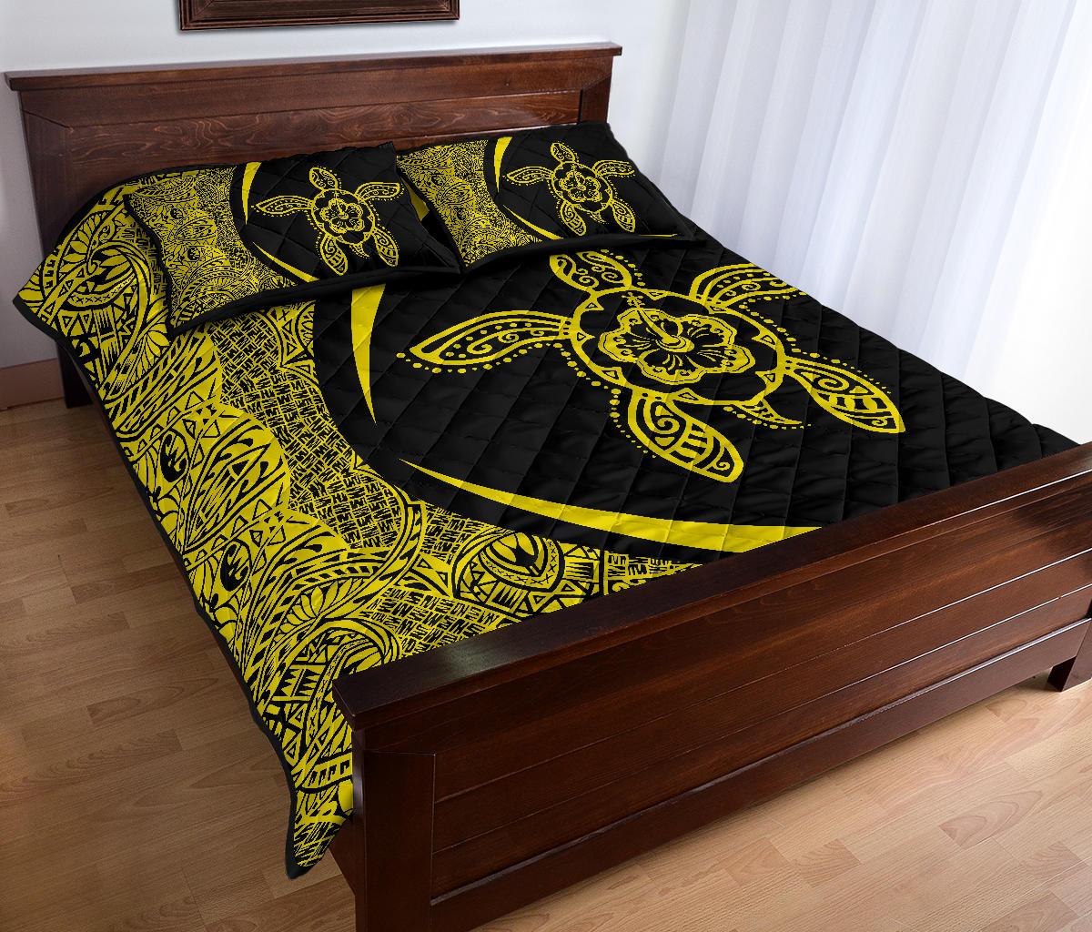 Hawaiian Polynesian Turtle Quilt Bed Set - Circle Style Yellow - Polynesian Pride