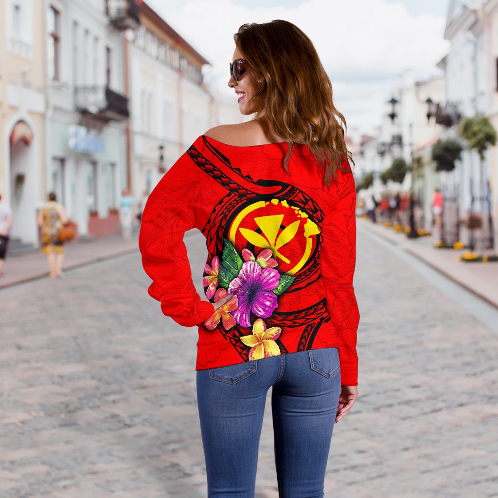 Hawaii Polynesian Custom Personalised Women's Off Shoulder Sweater - Floral With Seal Red - Polynesian Pride