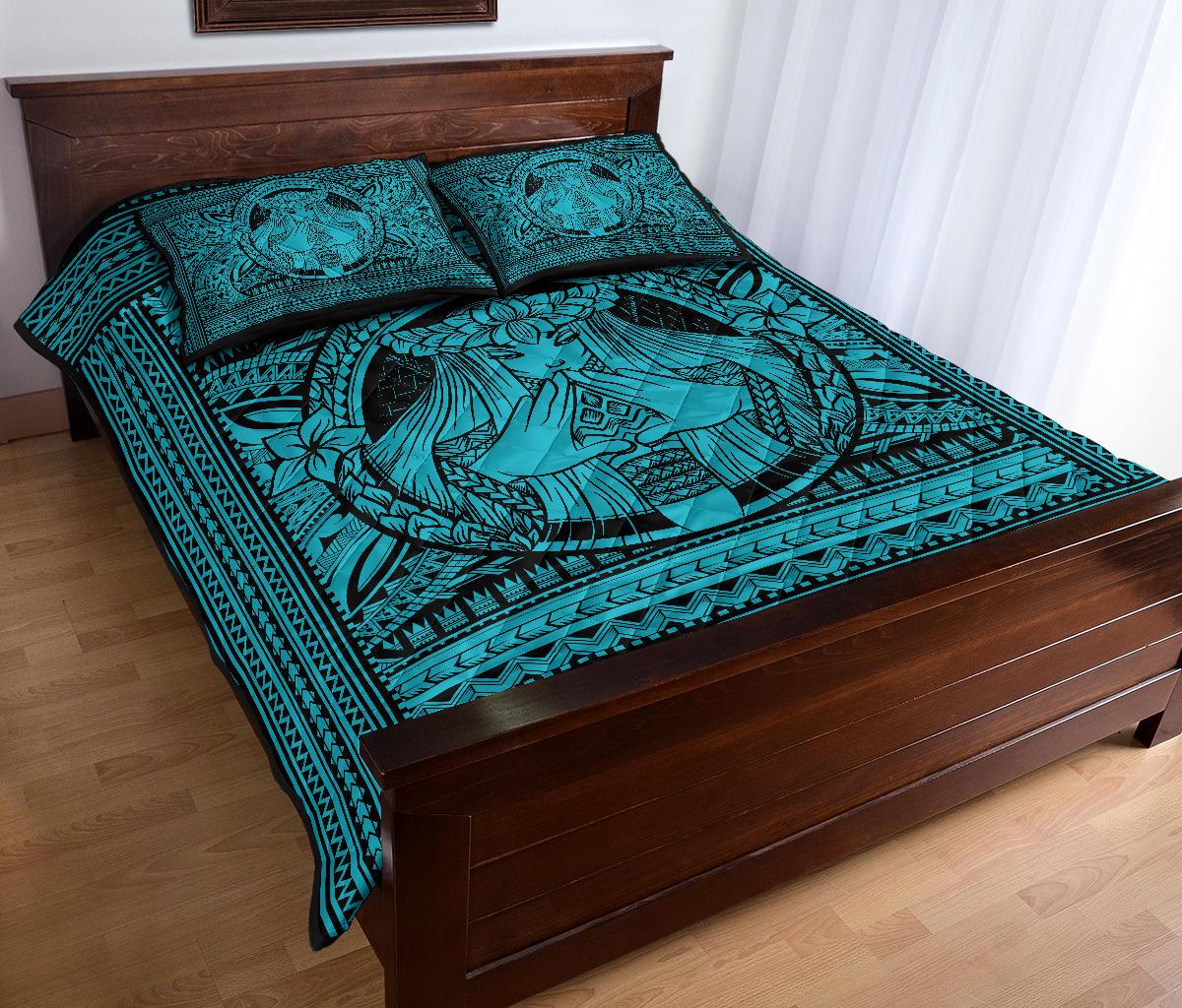 Hawaii Polynesian Pele Mauna Kea Quilt Bed Set Blue - Polynesian Pride